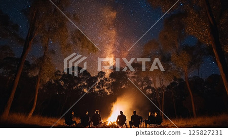 A group of friends enjoys a relaxing night camping under a stunning starry sky. The warm glow of a campfire creates a cozy atmosphere in the wilderness. 125827231