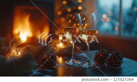 Celebrate New Year's Eve in style with elegant decorations and sparkling wine. 125827264