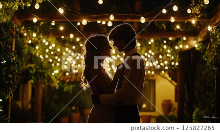 A romantic evening scene featuring newlyweds dancing under a beautiful canopy of twinkling string lights. 125827265