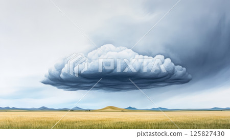 dramatic cloud formation looms over vast, flat landscape, creating striking contrast with golden fields below. scene evokes sense of calm and wonder 125827430