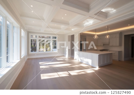 Modern wood and concrete kitchen interior with empty mock up place on beige wall, island, appliances and window with garden view and daylight. Interior design of apartment, dining room, panorama. 125827490