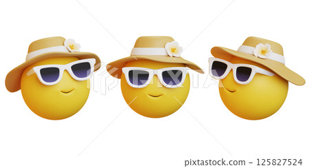 Face emoji wearing sunglasses and a resort hat 3D icon Face emoji wearing sunglasses and a resort hat 3D icon 125827524