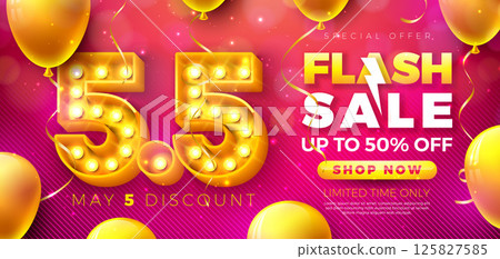5 May Shopping Day Flash Sale Design with 3d 5.5 Light Bulb Billboard Number and Party Balloon on Red Background. Vector Special Offer 50 Percent Off Campaign Discount Illustration for Coupon, Voucher 125827585