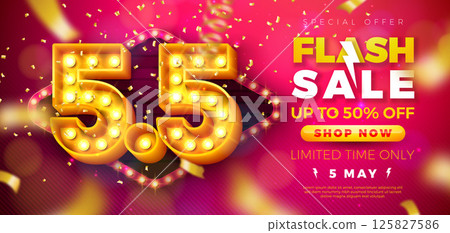 5 May Shopping Day Flash Sale Design with 3d 5.5 Light Bulb Billboard Number and Falling Confetti on Red Background. Vector Special Offer 50 Percent Off Campaign Discount Illustration for Coupon 125827586