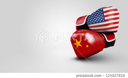 USA or United States of America and China flags painted on two boxing gloves. Concept of the United States of America versus China trade war disputes or economic conflict USA or United States of America and China flags painted on two boxing gloves. Concept of the United States of America versus China trade war disputes or economic conflict 125827810