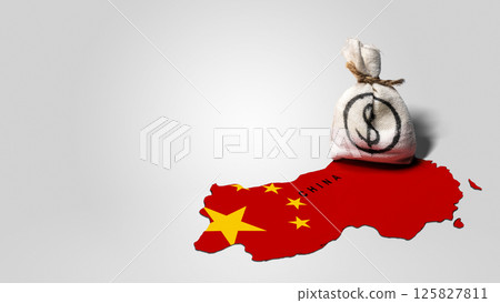 Map of China with a money bag of dollars on a white background. Concept of the United States of America versus China trade war disputes or economic conflict Map of China with a money bag of dollars on a white background. Concept of the United States of America versus China trade war disputes or economic conflict 125827811