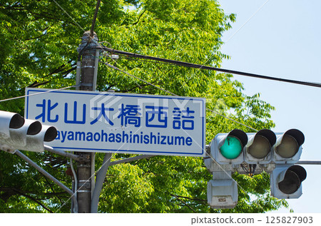 Traffic signs and traffic lights at the west end of Kitayama Bridge, Kyoto 125827903