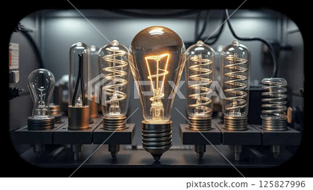 Decorative glass lightbulbs with original design. The collection of decorative glass bulbs vary in size and shape, creating an industrial chic aesthetic. AI generated. 125827996