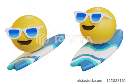 Sunglasses face emoji riding a surfboard 3D icon 125828161