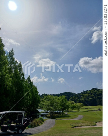 藍天綠樹的高爾夫球場景觀|陽光明媚的日子裡的戶外度假村圖片 125828271