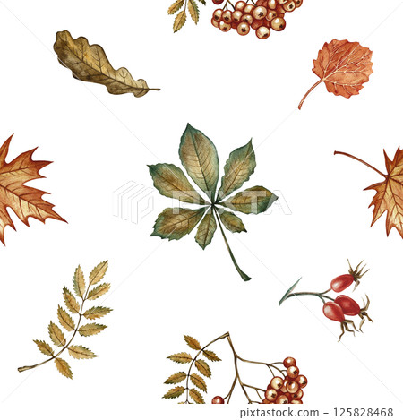 Seamless pattern with different autumn floral elements. Handmade watercolor illustration. Color image. Great for packaging, decor, textiles and wallpaper, for printing and wrapping paper. 125828468