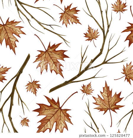Seamless pattern with autumn maple leaves and branches. Handmade watercolor illustration. Color image. Great for packaging, decor, textiles and wallpaper, for printing and wrapping paper. 125828477