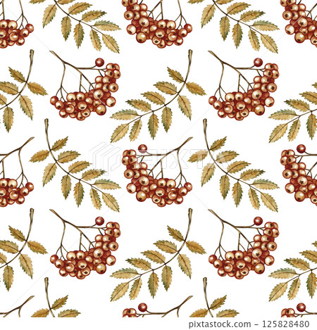Seamless autumn pattern with berries and leaves of mountain ash. Handmade watercolor illustration. color image. For packaging, decor, textiles and wallpaper, printing and wrapping paper. Seamless autumn pattern with berries and leaves of mountain ash. Handmade watercolor illustration. color image. For packaging, decor, textiles and wallpaper, printing and wrapping paper. 125828480