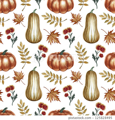 Seamless autumn pattern with pumpkins, leaves and flowers. Handmade watercolor illustration. Color image. For packaging, decor, textiles and wallpaper. As well as for printing and wrapping paper. 125828495