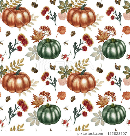 Seamless autumn pattern with pumpkins, leaves and flowers. Handmade watercolor illustration. Color image. For packaging, decor, textiles and wallpaper. As well as for printing and wrapping paper. 125828507