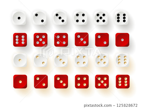 Dice game with cubes vector illustration. Cubes gambling objects to play in casino, dice from one to six dots and rounded edges 125828672