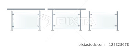 Glass or plexiglass fence with banisters. Architectural guardrail for balcony or office terrace. 125828678