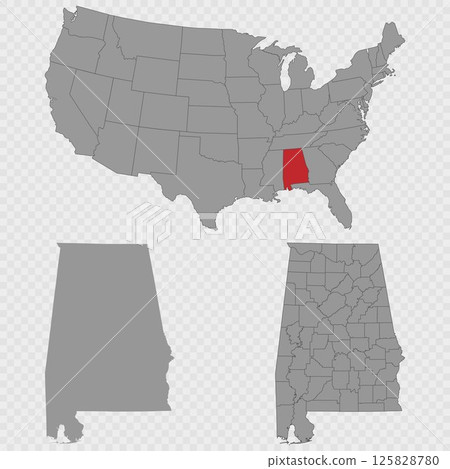 Alabama map set with USA location, clean outline, and full county breakdown. 125828780