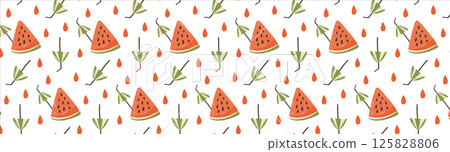 Seamless pattern with Watermelon slices and umbrellas for Cocktail Drinks. A Summer refreshing print for packaging, banners, prints, fabric and wrapping paper. 125828806
