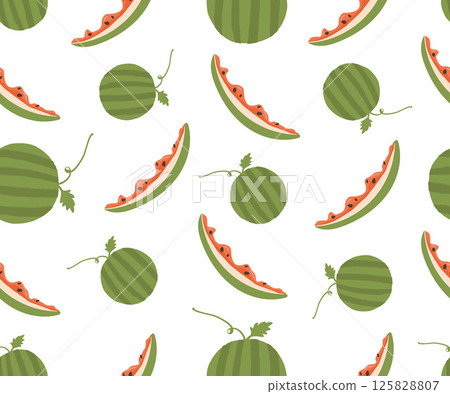 Seamless pattern of green Watermelon and slices highlighted on a white background. Vector design for summer Juicy textile prints and Backgrounds, Festive watermelon day pattern. 125828807