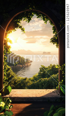 The sea viewed through an open window with wooden shutters offering a serene coastal view. 125828947