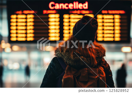 a traveler woman at an international airport looks at the flight information board and cancelled flight checking 125828952