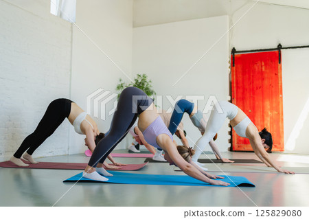 Yoga class Pilates workout. Group of sporty people doing exercise in studio class for yoga wellness mindfulness meditation. Personal trainer men women practicing yoga in gym training stretching indoor Yoga class Pilates workout. Group of sporty people doing exercise in studio class for yoga wellness mindfulness meditation. Personal trainer men women practicing yoga in gym training stretching indoor 125829080