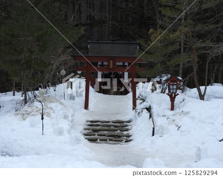 矗立在雪中的紅色鳥居 矗立在雪中的紅色鳥居 125829294