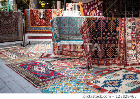 Georgian and Caucasian traditional carpets store in Old town Tbilisi, Georgia 125829463