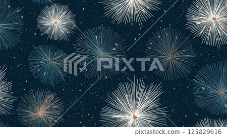 Golden Fireworks on Dark Night Sky With Sparkling Stars Golden Fireworks on Dark Night Sky With Sparkling Stars 125829616