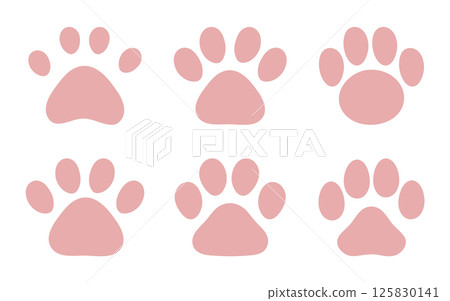 可愛的爪印插圖集粉紅狗貓狗和貓爪印。 可愛的爪印插圖集粉紅狗貓狗和貓爪印。 125830141