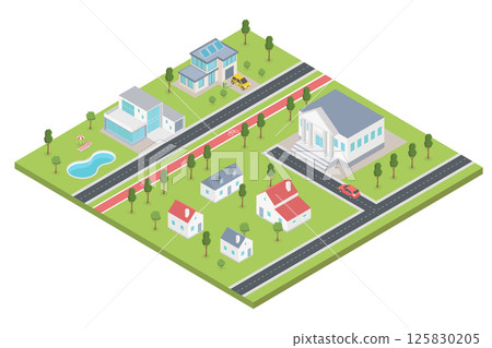 Isometric module city with houses add buildings, swimming pool, trees from urban building vector architecture. Modern green city illustration for design game and business white background Isometric module city with houses add buildings, swimming pool, trees from urban building vector architecture. Modern green city illustration for design game and business white background 125830205