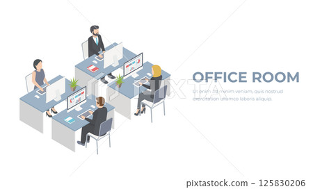 Isometric flat 3d abstract office floor interior departments concept vector. conference hall, offices, workplaces, director of the office interior Isometric flat 3d abstract office floor interior departments concept vector. conference hall, offices, workplaces, director of the office interior 125830206