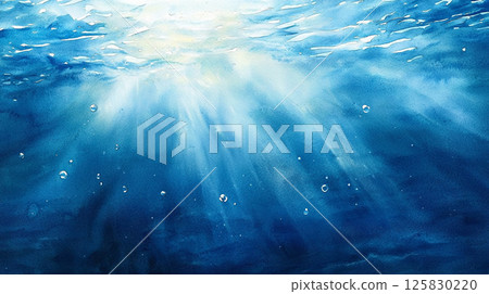 Watercolor illustration of the ocean with light shining in from underwater 125830220