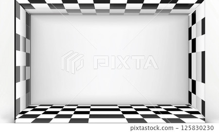 A three-dimensional box space made up of a checkered pattern 125830230