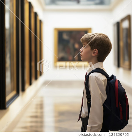 Young student boy examining artwork, backpack clad, standing in museum gallery, gazing intently at colorful paintings with curious expression Young student boy examining artwork, backpack clad, standing in museum gallery, gazing intently at colorful paintings with curious expression 125830705