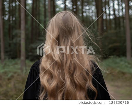 A girl with flowing hair standing in dense woodland, wearing black school uniform and absorbing tranquil forest surroundings with serene expression 125830716