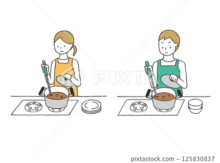 Hand-drawn illustration of a man and woman cooking 125830837