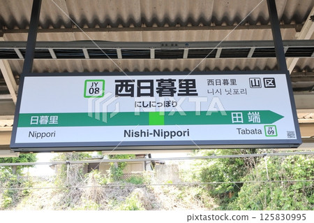 Station sign Nishi-Nippori Station Yamanote Line Inner loop 125830995
