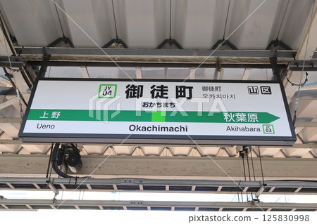 Station sign, Okachimachi Station, Yamanote Line, Outer loop Station sign, Okachimachi Station, Yamanote Line, Outer loop 125830998
