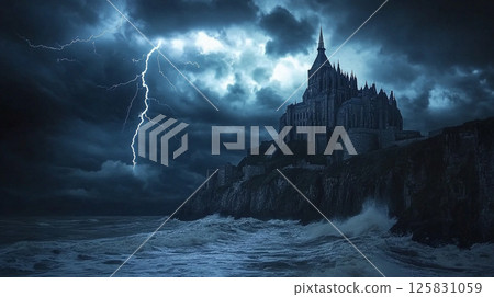 Scenery of an old castle facing the thundering sea 125831059