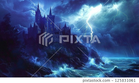A magnificent castle and waves during a thunderstorm 125831061