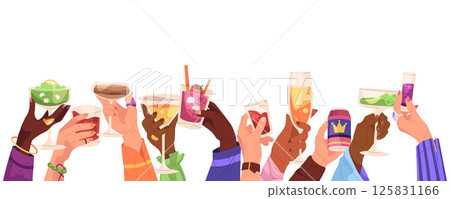 Hand palms raised and holding cocktail drinks and alcohol. Vector illustration for summer party with beverage in tropical glasses. Night club celebration or bar event, lounge relaxation. Holiday toast 125831166