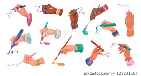Set of vector hands holding pen or brush. Writing palm or color painting wrist. Manual write and artistic drawing. Element for painter creativity and handwriting, education and study. Calligraphy. 125831167