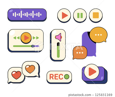 Set of vector audio record interface element. Digital UI symbol of volume sliders, play or playback, stop and pause buttons, volume level and speech bubble, waveform equalizer. Sound user control. 125831169