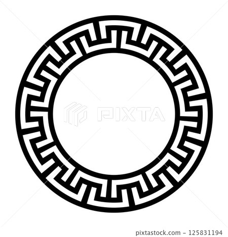 Celtic round frame. Round frame with Greek seamless meander pattern. Greek fret or key. Circle of Roman Empire, Ancient Greece. For laser cutting, ceramic, textile, embroidery, porcelain. Celtic round frame. Round frame with Greek seamless meander pattern. Greek fret or key. Circle of Roman Empire, Ancient Greece. For laser cutting, ceramic, textile, embroidery, porcelain. 125831194