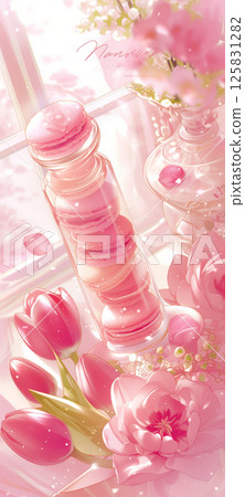 花叢中的粉紅鬱金香與馬卡龍桌布2 125831282