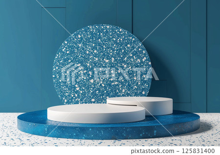 3D rendering of blue and white podiums with round shapes on an isolated background, in a minimalist style with a blue color theme, professional photoshoot for an advertising campaign 3D rendering of blue and white podiums with round shapes on an isolated background, in a minimalist style with a blue color theme, professional photoshoot for an advertising campaign 125831400
