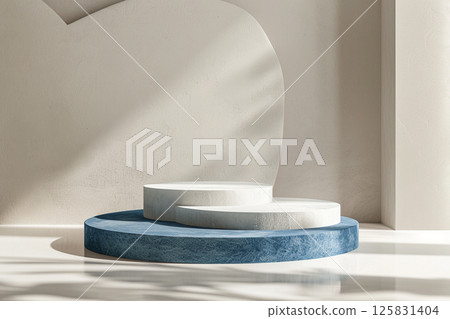 3D rendering of blue and white podiums with round shapes on an isolated background, in a minimalist style with a blue color theme, professional photoshoot for an advertising campaign 3D rendering of blue and white podiums with round shapes on an isolated background, in a minimalist style with a blue color theme, professional photoshoot for an advertising campaign 125831404