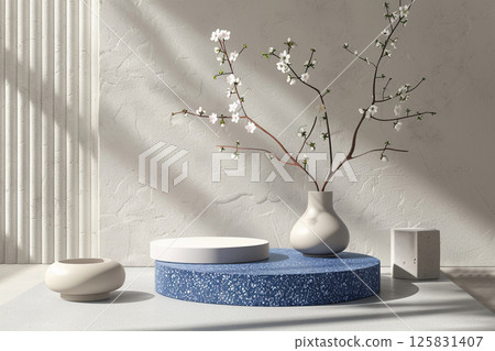 3D rendering of blue and white podiums with round shapes on an isolated background, in a minimalist style with a blue color theme, professional photoshoot for an advertising campaign 125831407